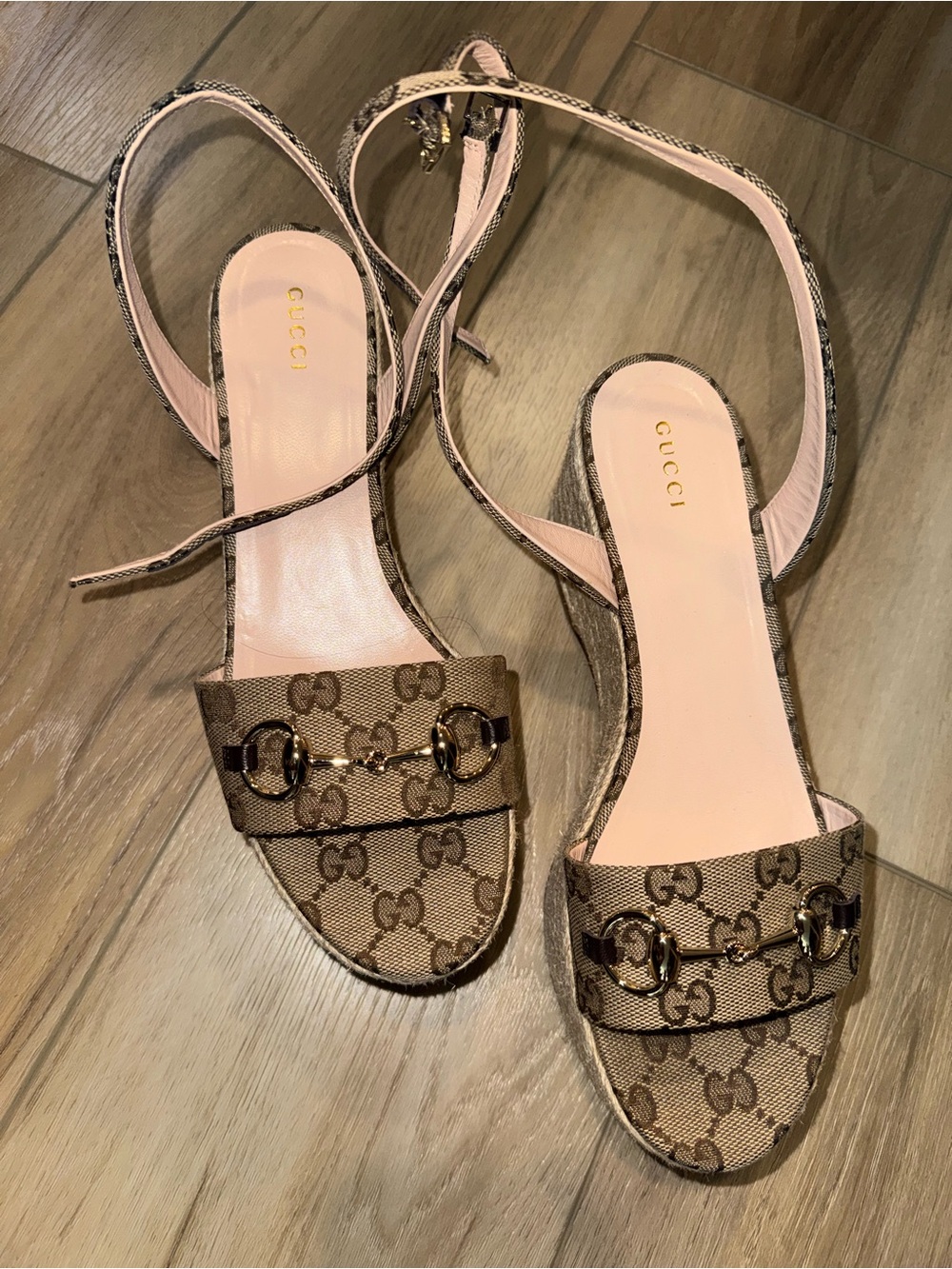 Gucci Brown GG Canvas Horsebit Ankle-Wrap Sandals